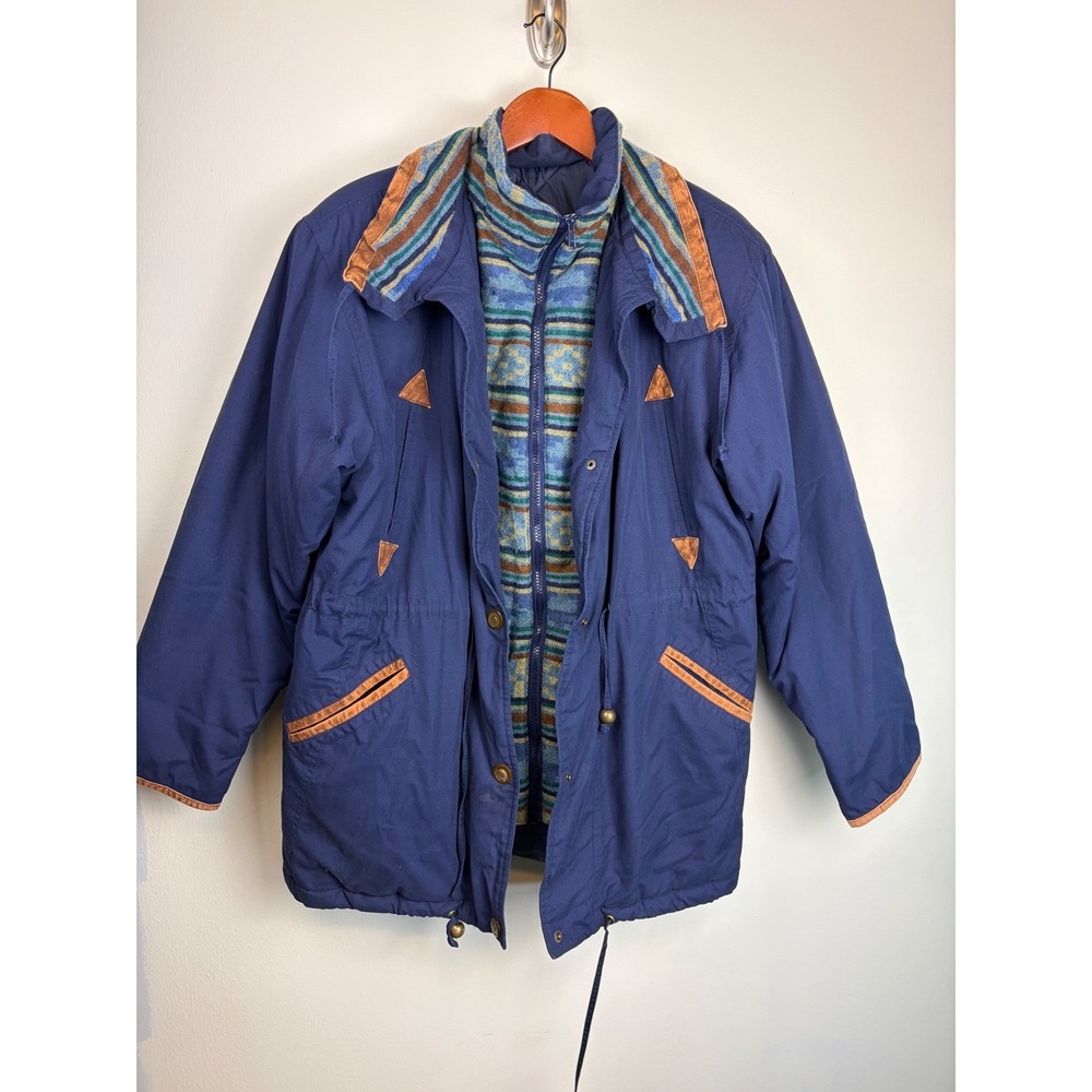 Vintage 80s Current Seen Puffer Barn Coat Medium Blue Southwestern Jacket Aztec